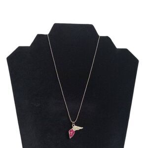 Claire's Pink Glitter Heart & Silver Toned Angel Wings Ball Bead Chain Necklace